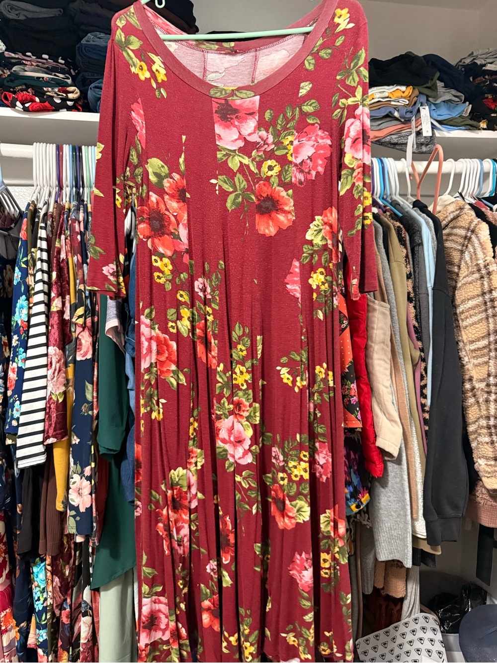Women’s Burgundy Floral Midi Swing Dress